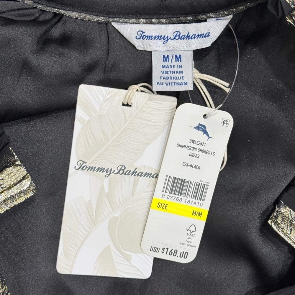 Tommy Bahama Shimmering Shores Long Sleeve Tiered Shift Dress Black Gold NWT - Picture 12 of 16